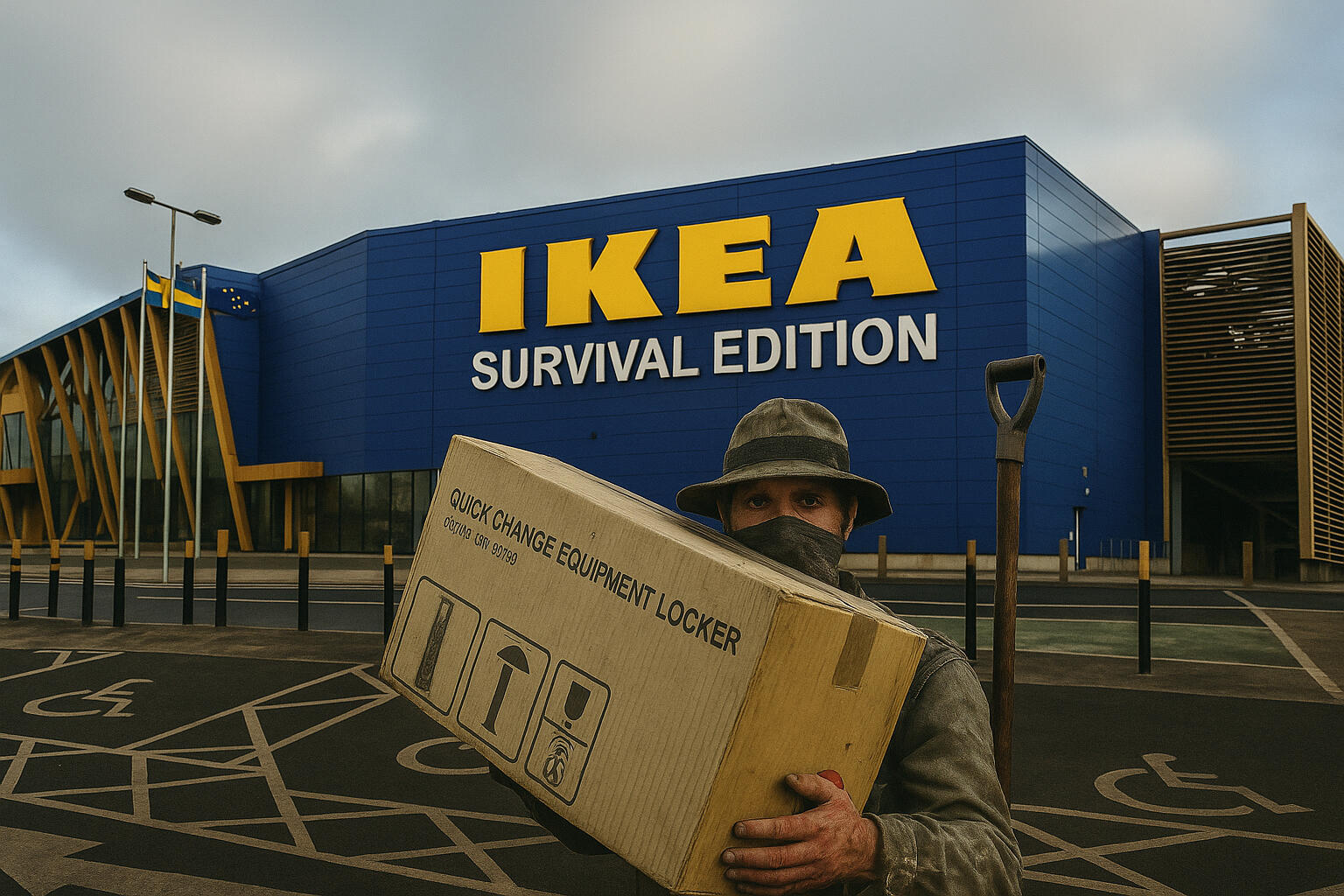 DayZ IKEA Survival Edition — survivor carrying flatpack box in front of UK IKEA
